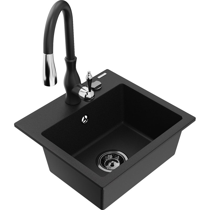 Mexen Milo Granite Sink 1-Bowl with Savita Kitchen Tap, Black - 6505-77-672601-70-B