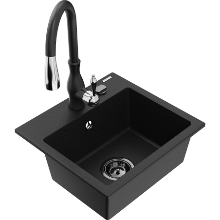 Mexen Milo Granite Sink 1-Bowl with Savita Kitchen Tap, Black - 6505-77-672601-70-B