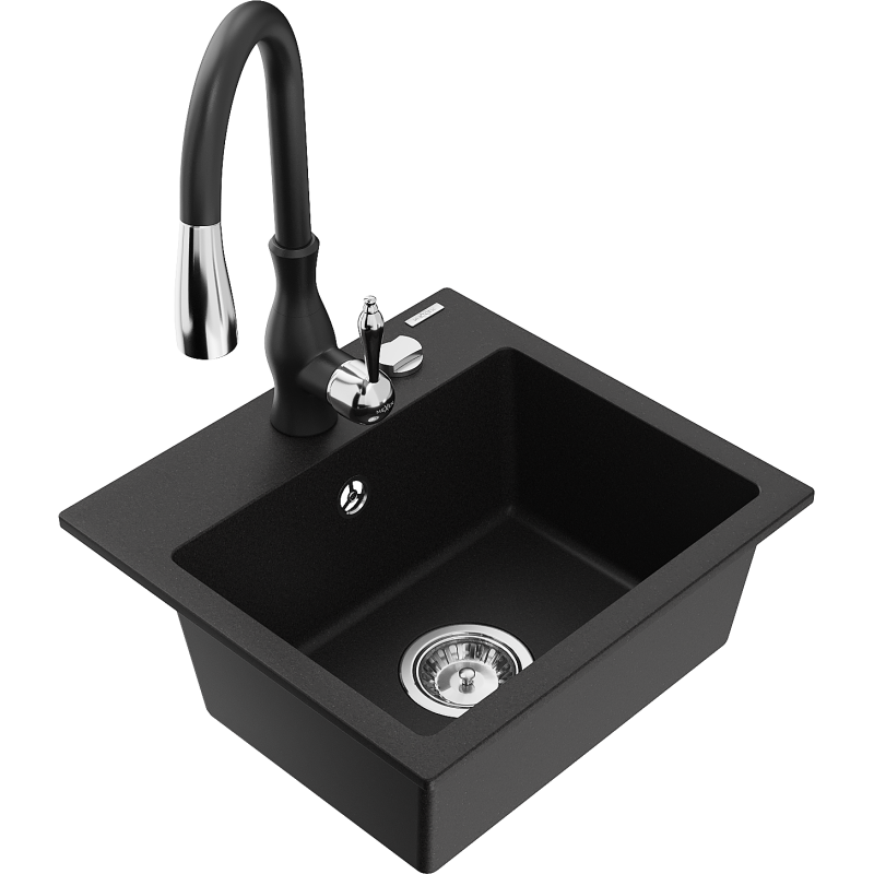 Mexen Milo single-bowl granite sink with Savita kitchen tap, black - 6505-77-672601-70