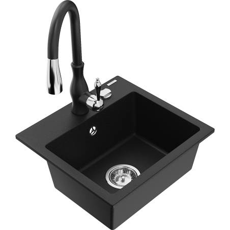 Mexen Milo single-bowl granite sink with Savita kitchen tap, black - 6505-77-672601-70