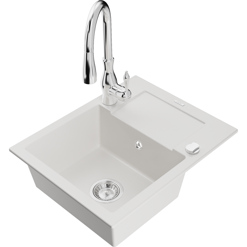 Mexen Enzo fregadero de granito de 1 cubeta con escurridor y grifo de cocina Savita, blanco - 6506-20-672601-00
