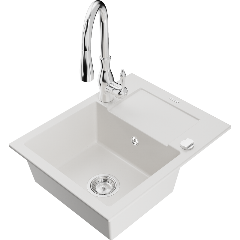 Mexen Enzo granite sink 1-bowl with drainer and Savita kitchen tap, white - 6506-20-672601-00