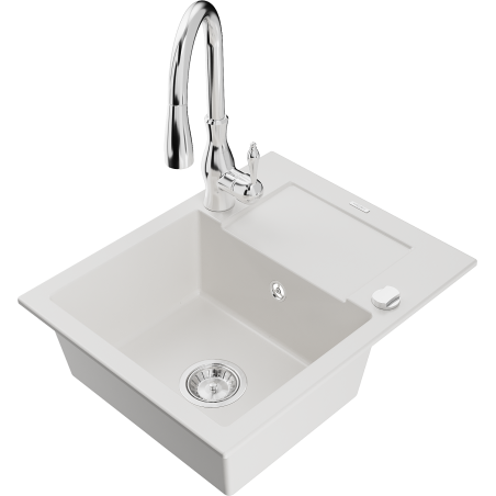 Mexen Enzo granite sink 1-bowl with drainer and Savita kitchen tap, white - 6506-20-672601-00