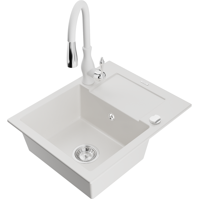 Mexen Enzo 1-bowl granite sink with drainer and Savita kitchen tap, white - 6506-20-672601-20