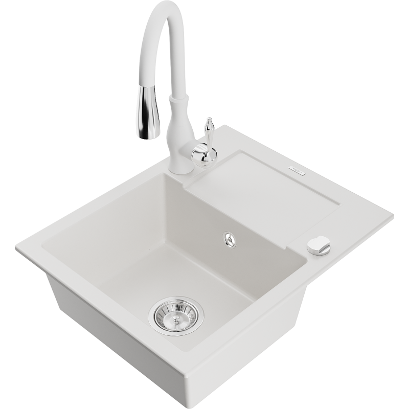 Mexen Enzo fregadero de granito de 1 cubeta con escurridor y grifo de cocina Savita, blanco - 6506-20-672601-20