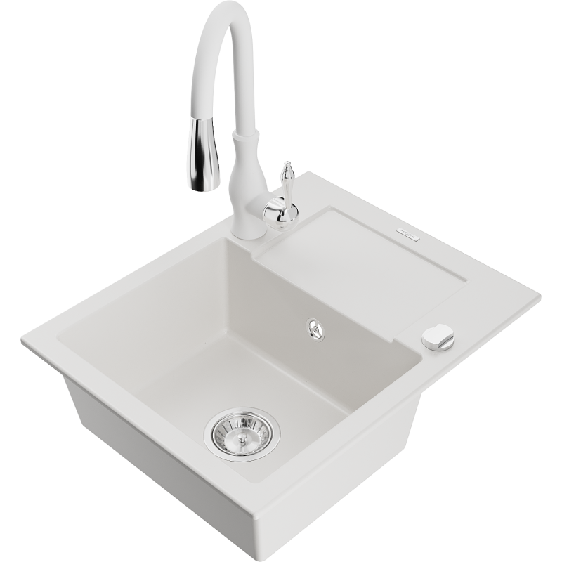 Mexen Enzo graniittinen 1-altainen tiskiallas valutustasolla ja keittiöhanalla Savita, valkoinen - 6506-20-672601-20