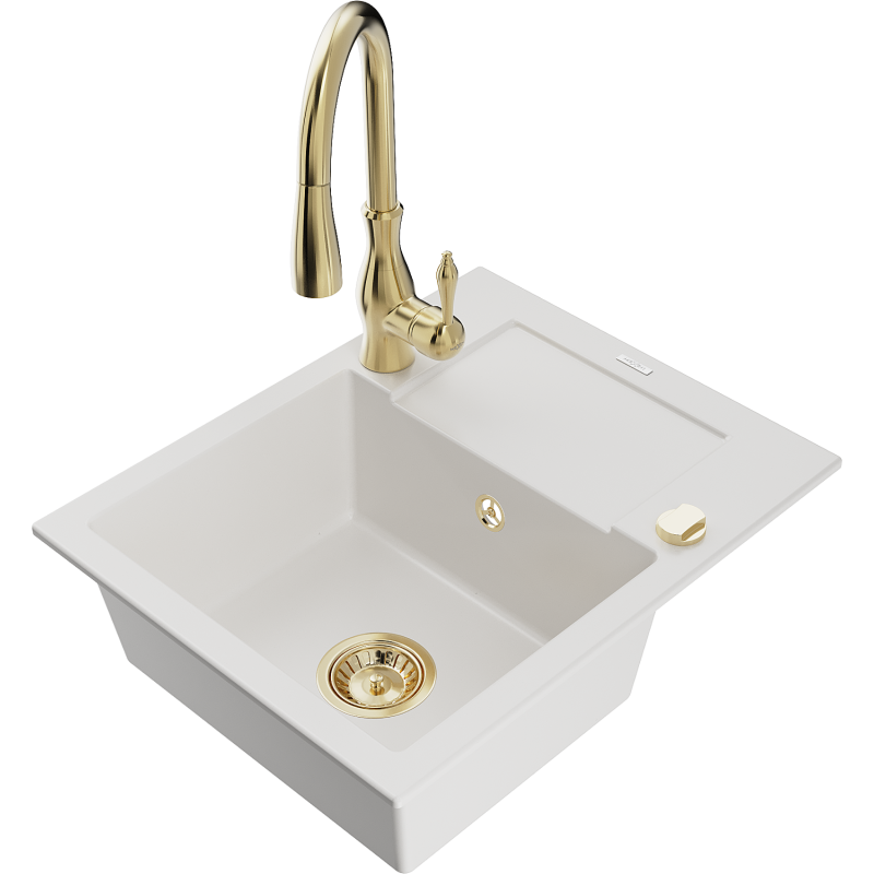 Mexen Enzo évier en granit 1 bac avec égouttoir et mitigeur de cuisine Savita, blanc - 6506-20-672601-50