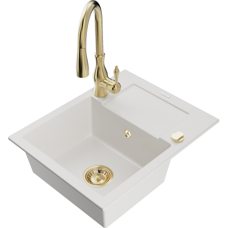 Mexen Enzo 1-bowl granite kitchen sink with drainer and Savita kitchen faucet, white - 6506-20-672601-50