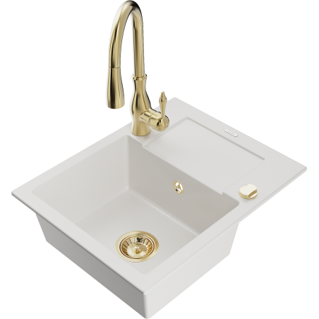 Mexen Enzo granite sink 1-bowl with drainer and Savita kitchen tap, white - 6506-20-672601-50