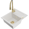 Mexen Enzo 1-bowl granite kitchen sink with drainer and Savita kitchen faucet, white - 6506-20-672601-50
