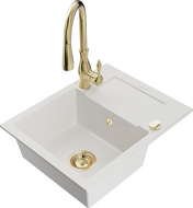 Mexen Enzo fregadero de granito de 1 cubeta con escurridor y grifo de cocina Savita, blanco - 6506-20-672601-50