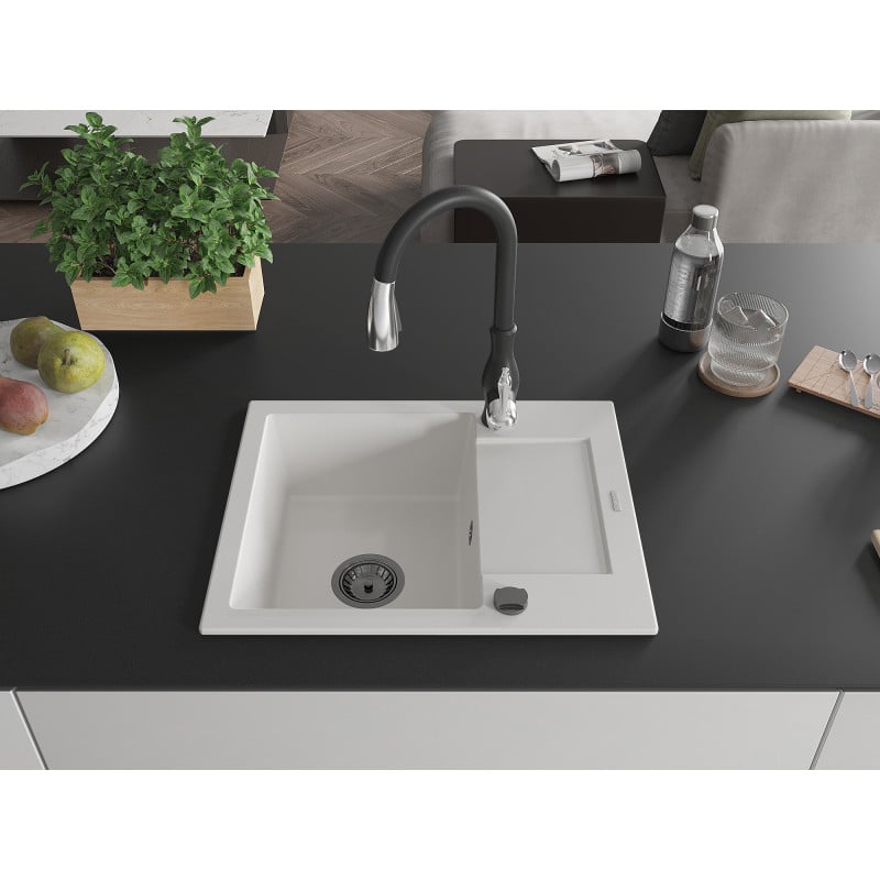 Mexen Enzo granite sink 1-bowl with drainer and Savita kitchen mixer, white - 6506-20-672601-70