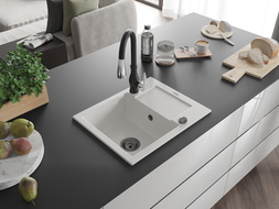 Mexen Enzo fregadero de granito de 1 compartimento con escurridor y grifo de cocina Savita, blanco - 6506-20-672601-70