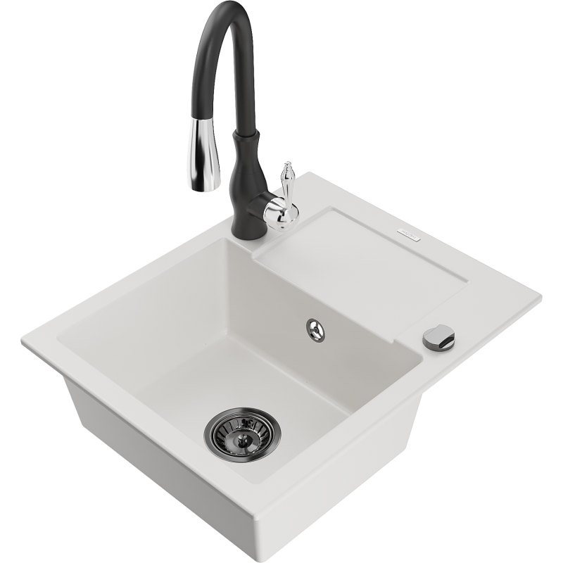 Mexen Enzo granieten spoelbak 1-komerig met afdruiprek en keukenmengkraan Savita, wit - 6506-20-672601-70