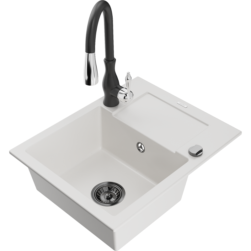 Mexen Enzo granite sink 1-bowl with drainer and Savita kitchen mixer, white - 6506-20-672601-70