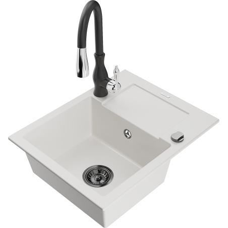 Mexen Enzo fregadero de granito de 1 compartimento con escurridor y grifo de cocina Savita, blanco - 6506-20-672601-70