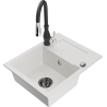 Mexen Enzo granite sink 1-bowl with drainer and Savita kitchen mixer, white - 6506-20-672601-70