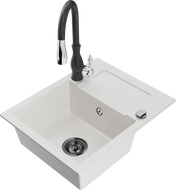 Mexen Enzo fregadero de granito de 1 compartimento con escurridor y grifo de cocina Savita, blanco - 6506-20-672601-70