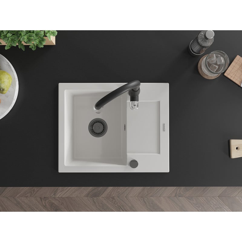 Mexen Enzo granite sink 1-bowl with drainer and Savita kitchen mixer, white - 6506-20-672601-70