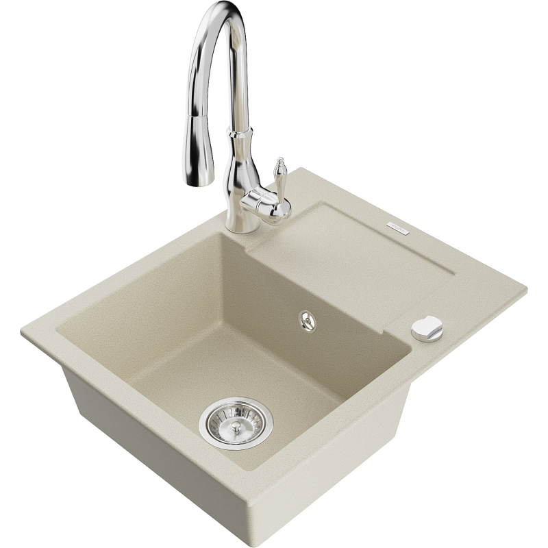 Mexen Enzo fregadero de granito de 1 cubeta con escurridor y grifo de cocina Savita, beige - 6506-69-672601-00