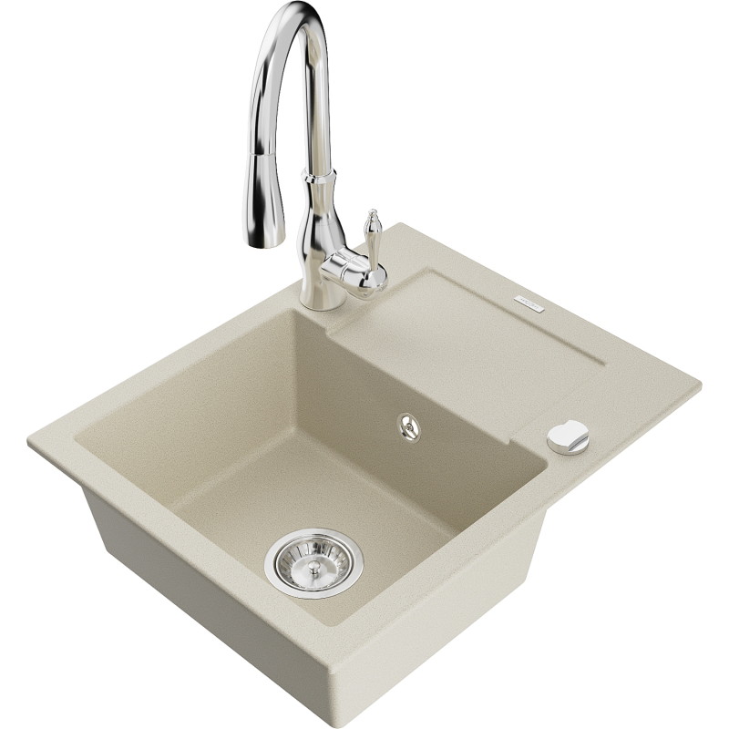 Mexen Enzo fregadero de granito de 1 seno con escurridor y grifo de cocina Savita, beige - 6506-69-672601-00
