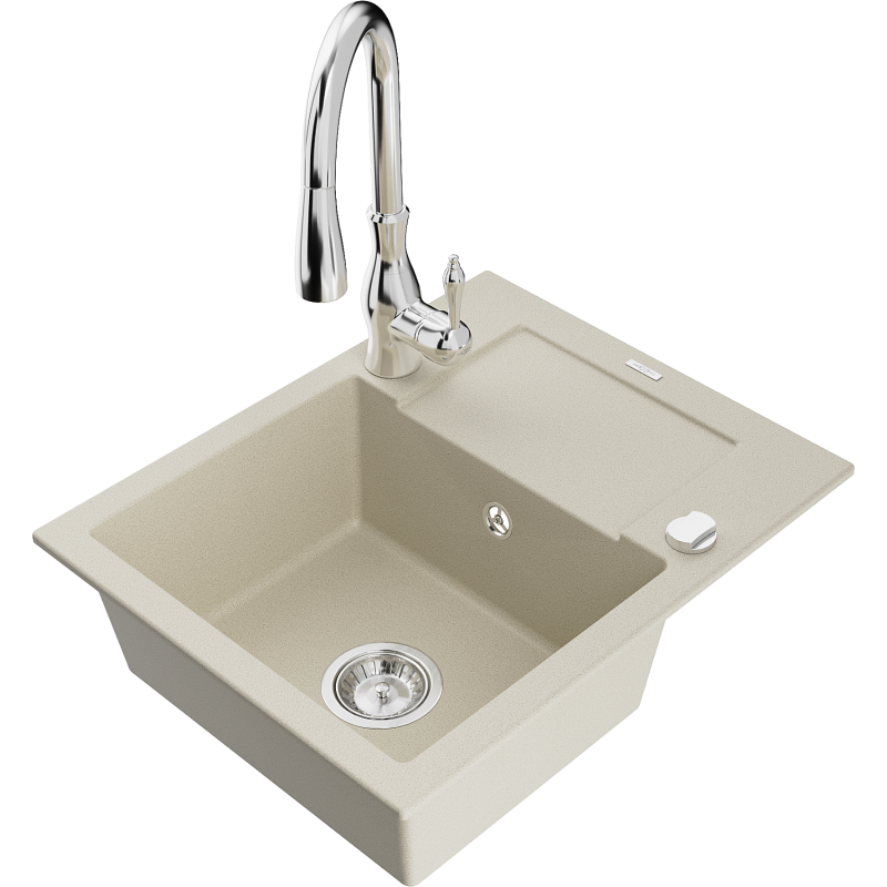 Mexen Enzo lavello in granito a 1 vasca con scolapiatti e rubinetto da cucina Savita, beige - 6506-69-672601-00