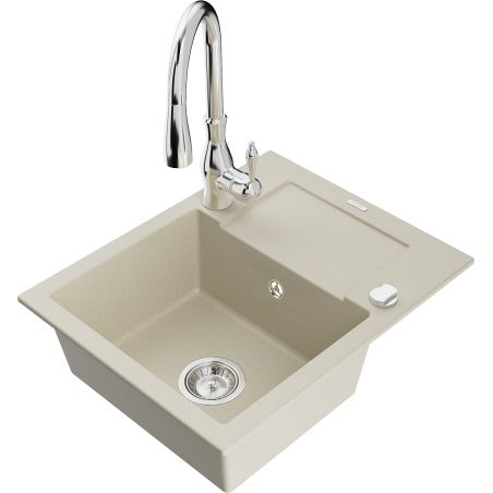 Mexen Enzo fregadero de granito de 1 cubeta con escurridor y grifo de cocina Savita, beige - 6506-69-672601-00