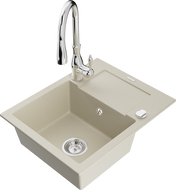 Mexen Enzo granite kitchen sink 1-bowl with drainer and kitchen faucet Savita, beige - 6506-69-672601-00