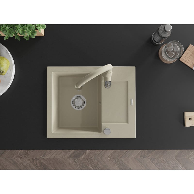 Mexen Enzo fregadero de granito de 1 lavabo con escurridor y grifo de cocina Savita, beige - 6506-69-672601-69