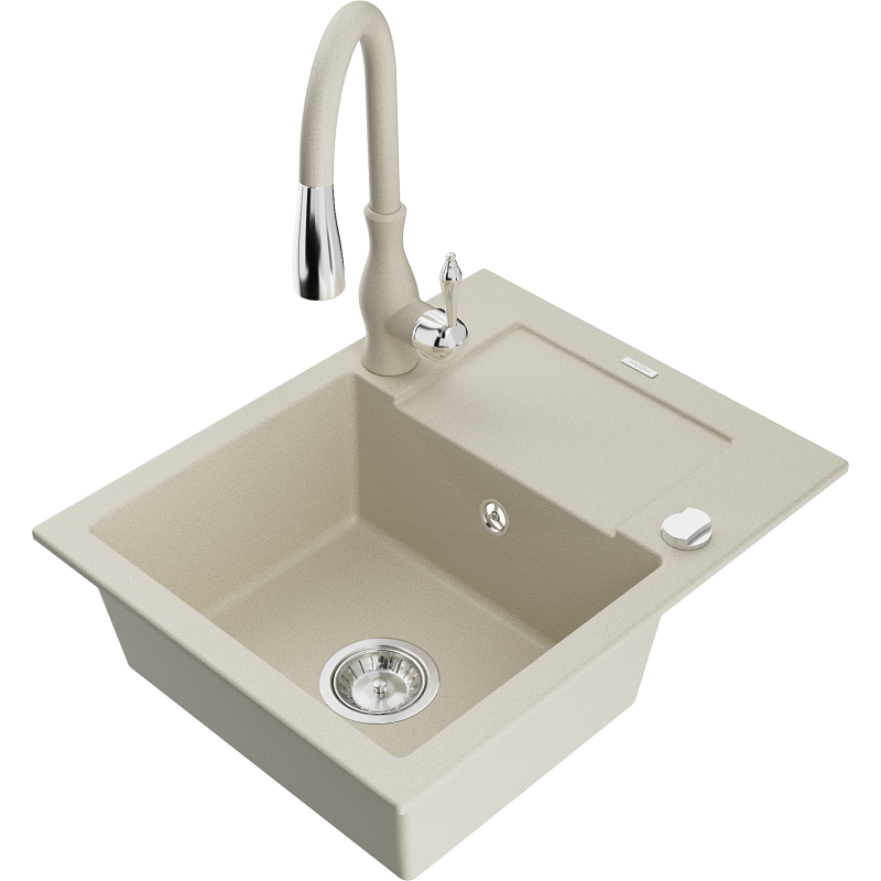 Mexen Enzo fregadero de granito de 1 lavabo con escurridor y grifo de cocina Savita, beige - 6506-69-672601-69