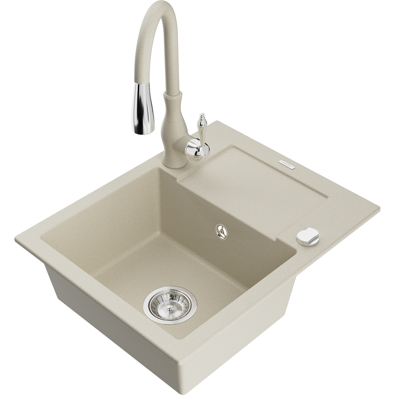 Mexen Enzo Granitspüle 1-Becken mit Abtropffläche und Küchenarmatur Savita, beige - 6506-69-672601-69