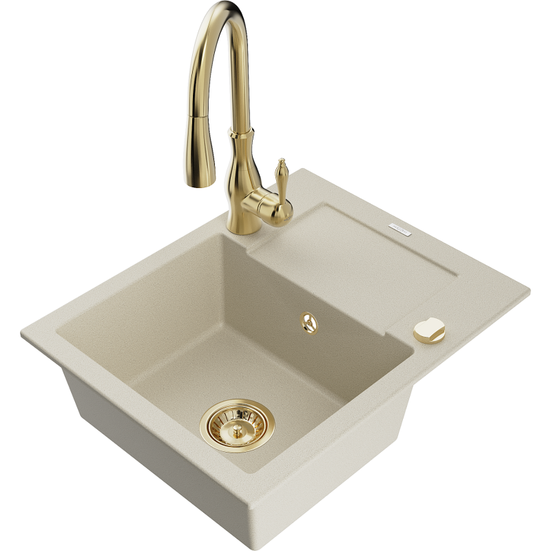 Mexen Enzo évier en granit à 1 bac avec égouttoir et robinet de cuisine Savita, beige - 6506-69-672601-50