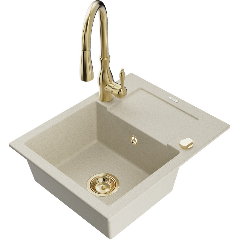 Mexen Enzo fregadero de granito de 1 compartimento con escurridor y grifo de cocina Savita, beige - 6506-69-672601-50