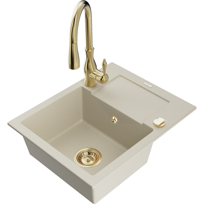 Mexen Enzo fregadero de granito de 1 seno con escurridor y grifo de cocina Savita, beige - 6506-69-672601-50