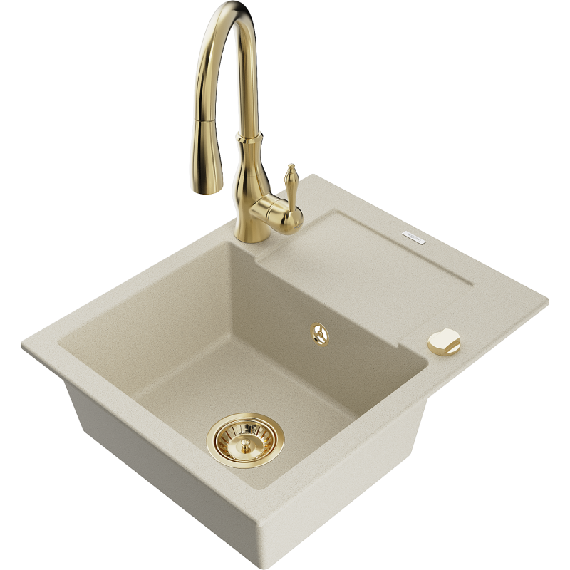 Mexen Enzo granite sink 1-bowl with drainer and Savita kitchen faucet, beige - 6506-69-672601-50