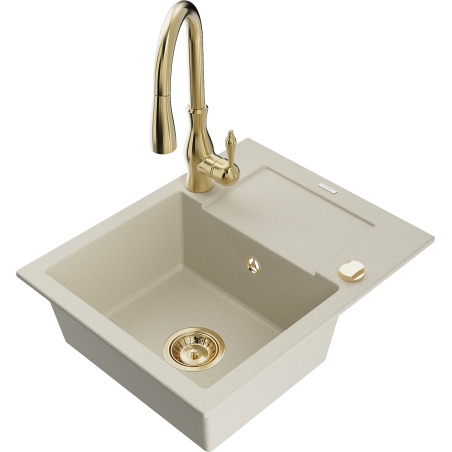 Mexen Enzo fregadero de granito de 1 compartimento con escurridor y grifo de cocina Savita, beige - 6506-69-672601-50