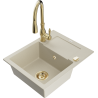 Mexen Enzo granite sink 1-bowl with drainer and Savita kitchen faucet, beige - 6506-69-672601-50