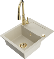 Mexen Enzo 1-bowl granite sink with drainer and Savita kitchen faucet, beige - 6506-69-672601-50