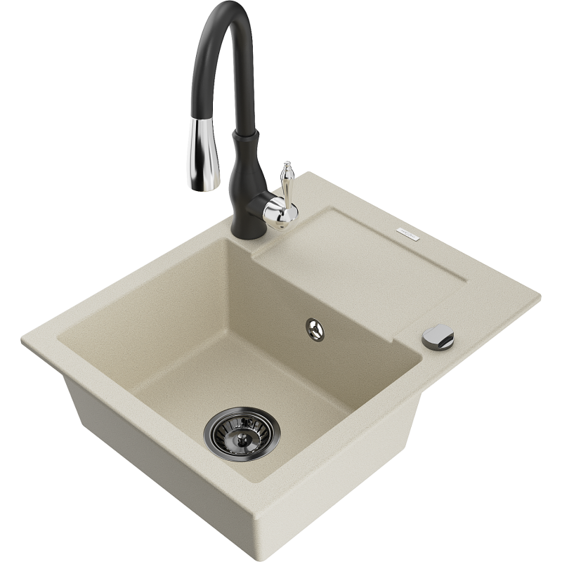 Mexen Enzo fregadero de granito de 1 compartimento con escurridor y grifo de cocina Savita, beige - 6506-69-672601-70