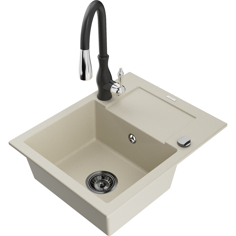 Mexen Enzo granieten spoelbak 1-komers met druiprek en keukenkraan Savita, beige - 6506-69-672601-70