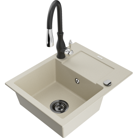Mexen Enzo granite sink single-bowl with drainer and Savita kitchen faucet, beige - 6506-69-672601-70