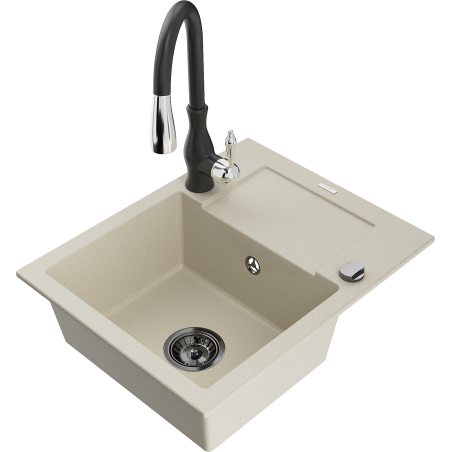 Mexen Enzo Granitspüle 1-Fach mit Abtropffläche und Küchenarmatur Savita, beige - 6506-69-672601-70