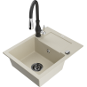 Mexen Enzo granite sink single-bowl with drainer and Savita kitchen faucet, beige - 6506-69-672601-70