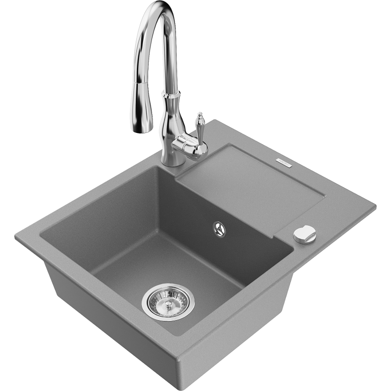 Mexen Enzo granite sink single-bowl with drainer and Savita kitchen tap, grey - 6506-71-672601-00