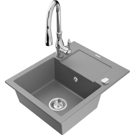 Mexen Enzo évier en granit 1 bac avec égouttoir et robinet de cuisine Savita, gris - 6506-71-672601-00