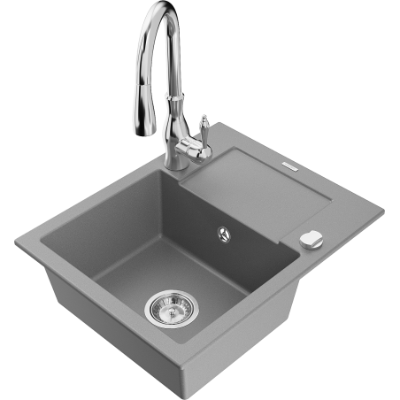 Mexen Enzo granite sink single-bowl with drainer and Savita kitchen tap, grey - 6506-71-672601-00