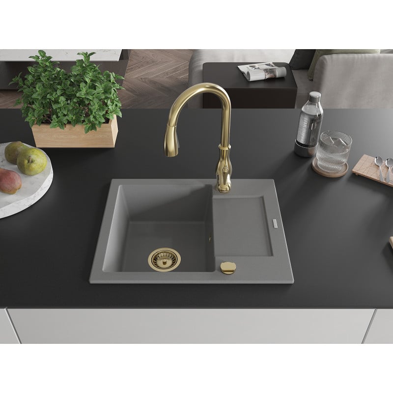 Mexen Enzo fregadero de granito de 1 cubeta con escurridor y grifo de cocina Savita, gris - 6506-71-672601-50