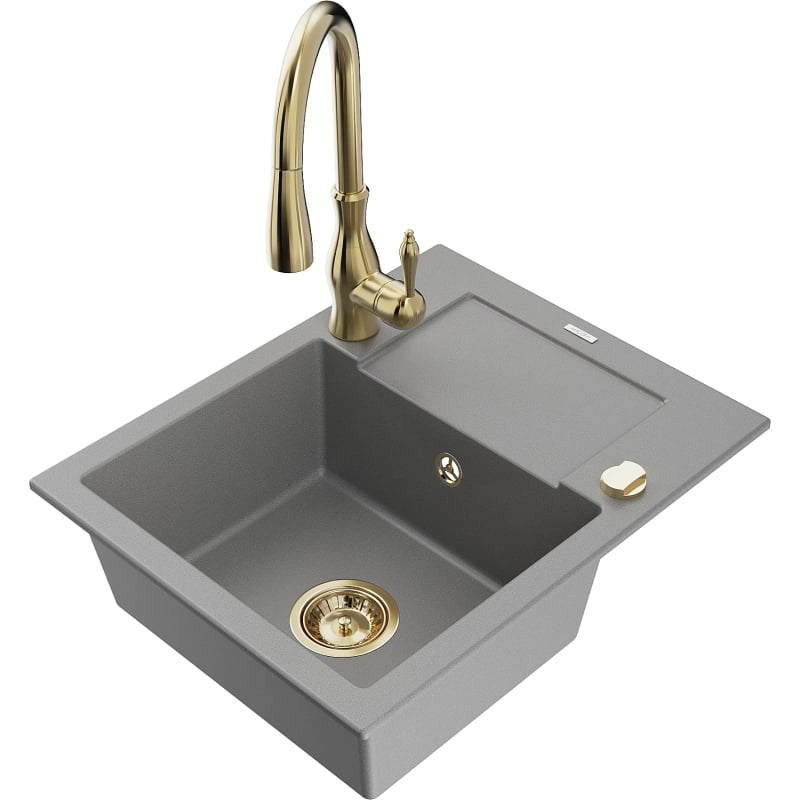 Mexen Enzo 1-Bowl Granite Sink with Drainer and Savita Kitchen Faucet, Gray - 6506-71-672601-50