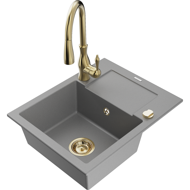 Mexen Enzo fregadero de granito de 1 cubeta con escurridor y grifo de cocina Savita, gris - 6506-71-672601-50