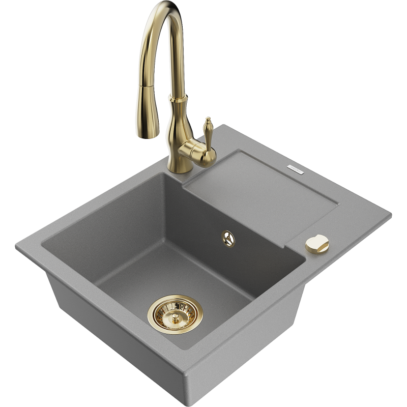 Mexen Enzo lava-loiça de granito de 1 cuba com escorredor e torneira de cozinha Savita, cinzento - 6506-71-672601-50